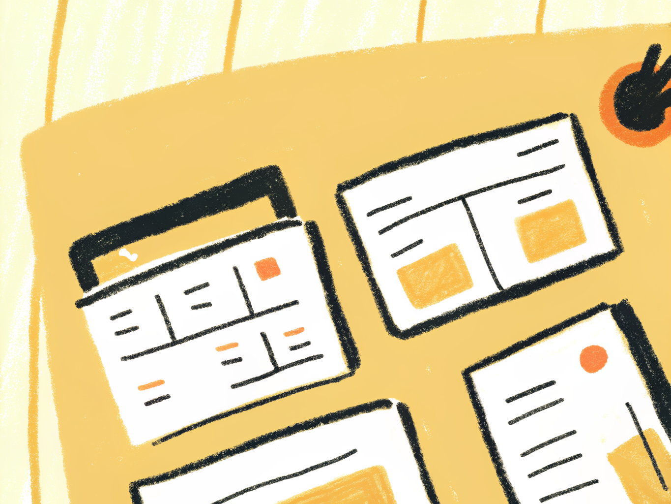 Hand-drawn illustration of website cards laid out and compared on a desk