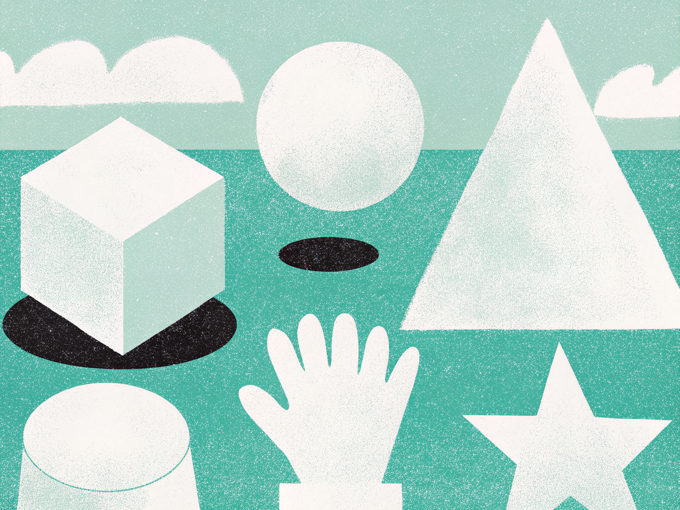 Flat poster illustration of stylized 3D shapes, a cube, sphere, cone and star, above a reaching hand on a teal background