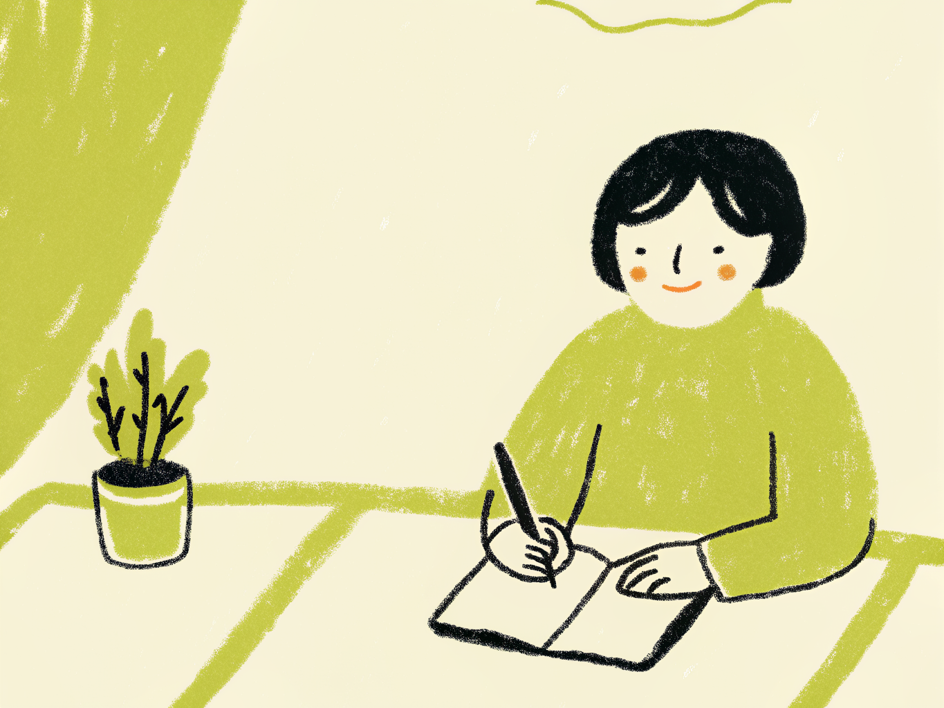 Warm hand-drawn illustration of a person journaling with a mug and a potted plant, soft pencil texture