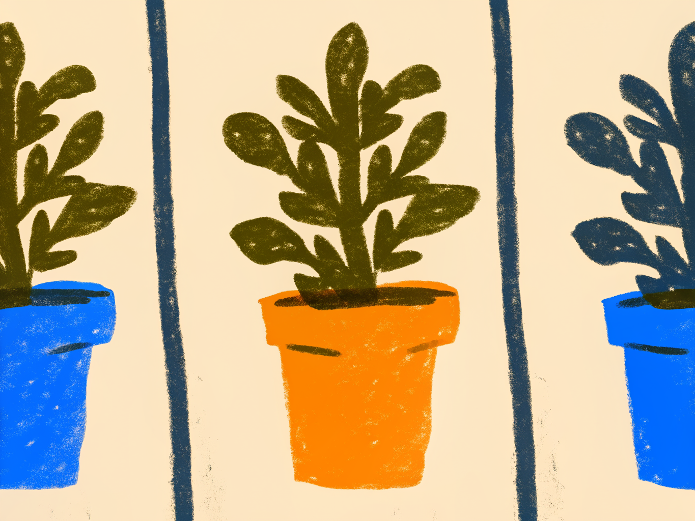 The same hand-drawn potted plant illustration shown in three different color palettes, green, orange and blue