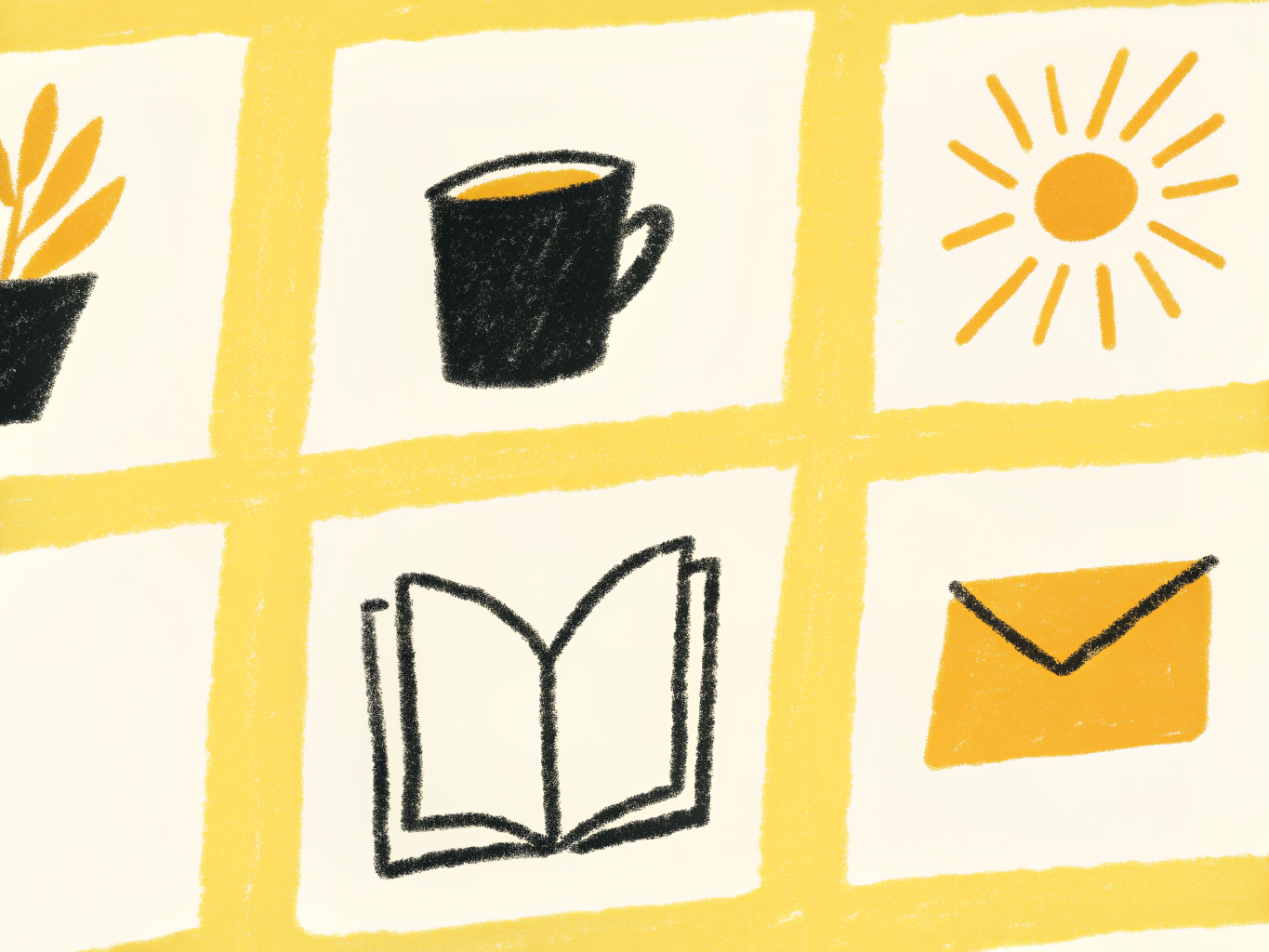 A consistent set of hand-drawn spot illustrations, a plant, mug, book, sun and envelope, all in one matching style
