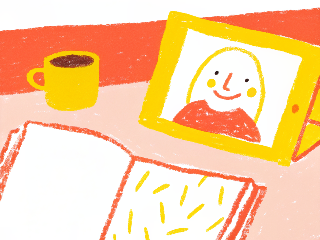 Hand-drawn style illustration of a tablet showing a loosely sketched character beside an open sketchbook and a coffee mug