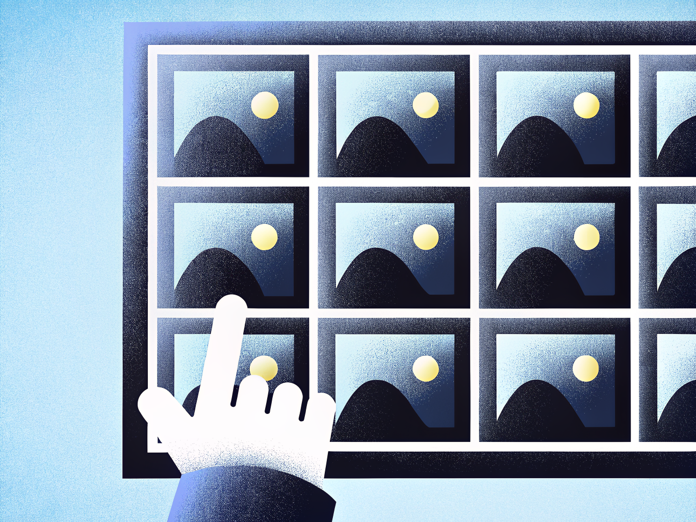 Grain-textured illustration of a grid of identical illustrations with one being picked