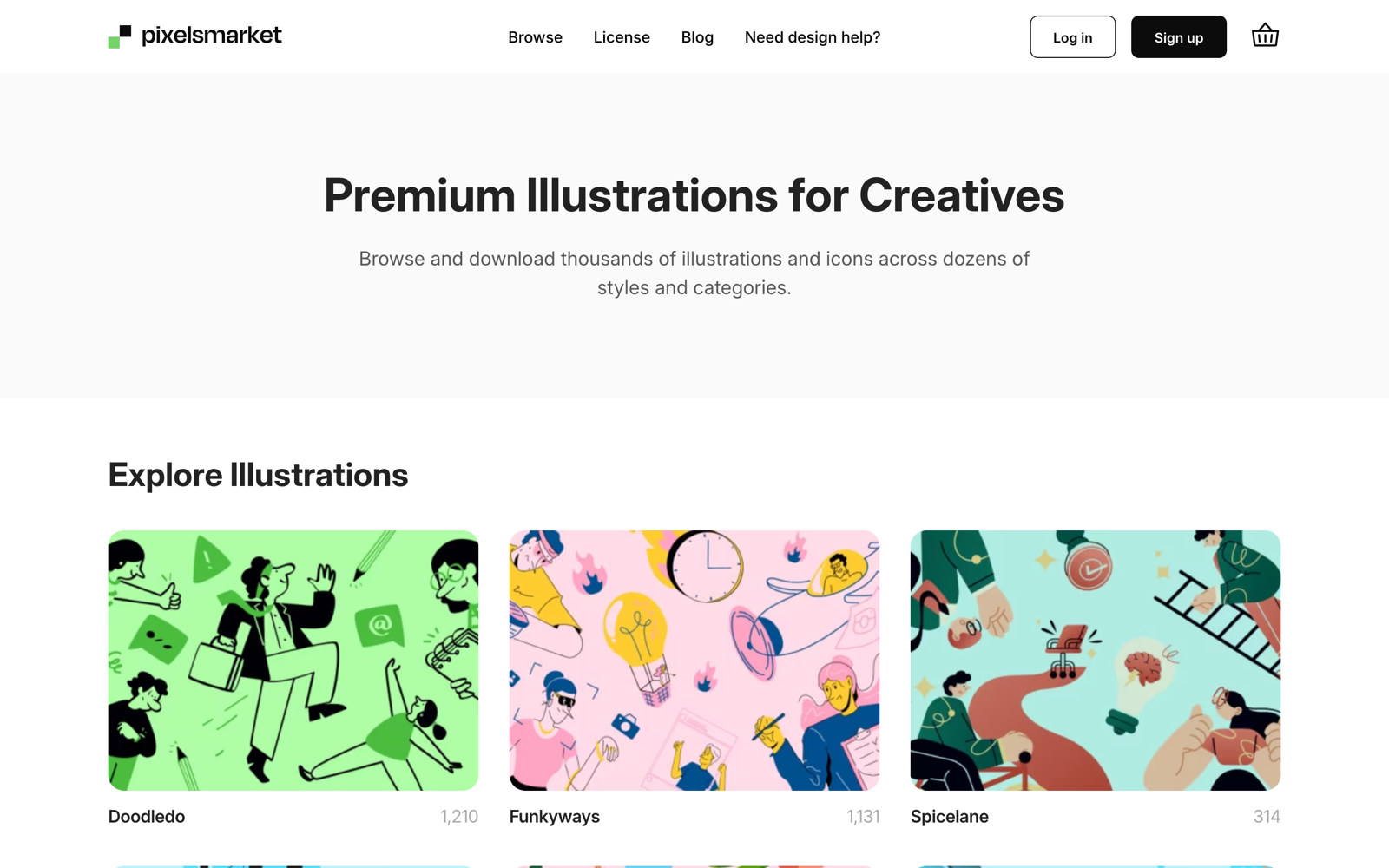 Pixels Market homepage showing its free 2D illustration library
