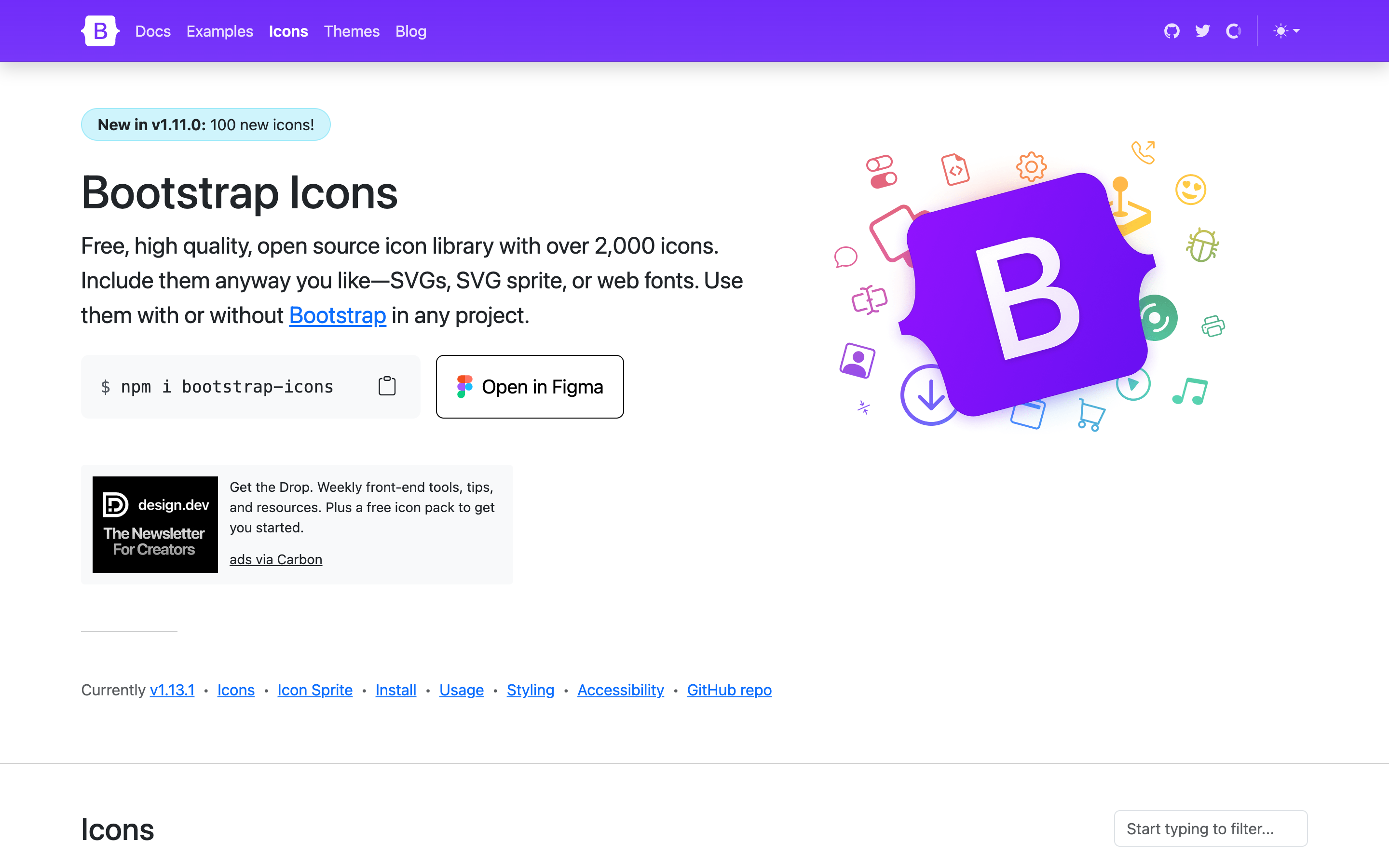 The Bootstrap Icons homepage showing its free open-source icon set