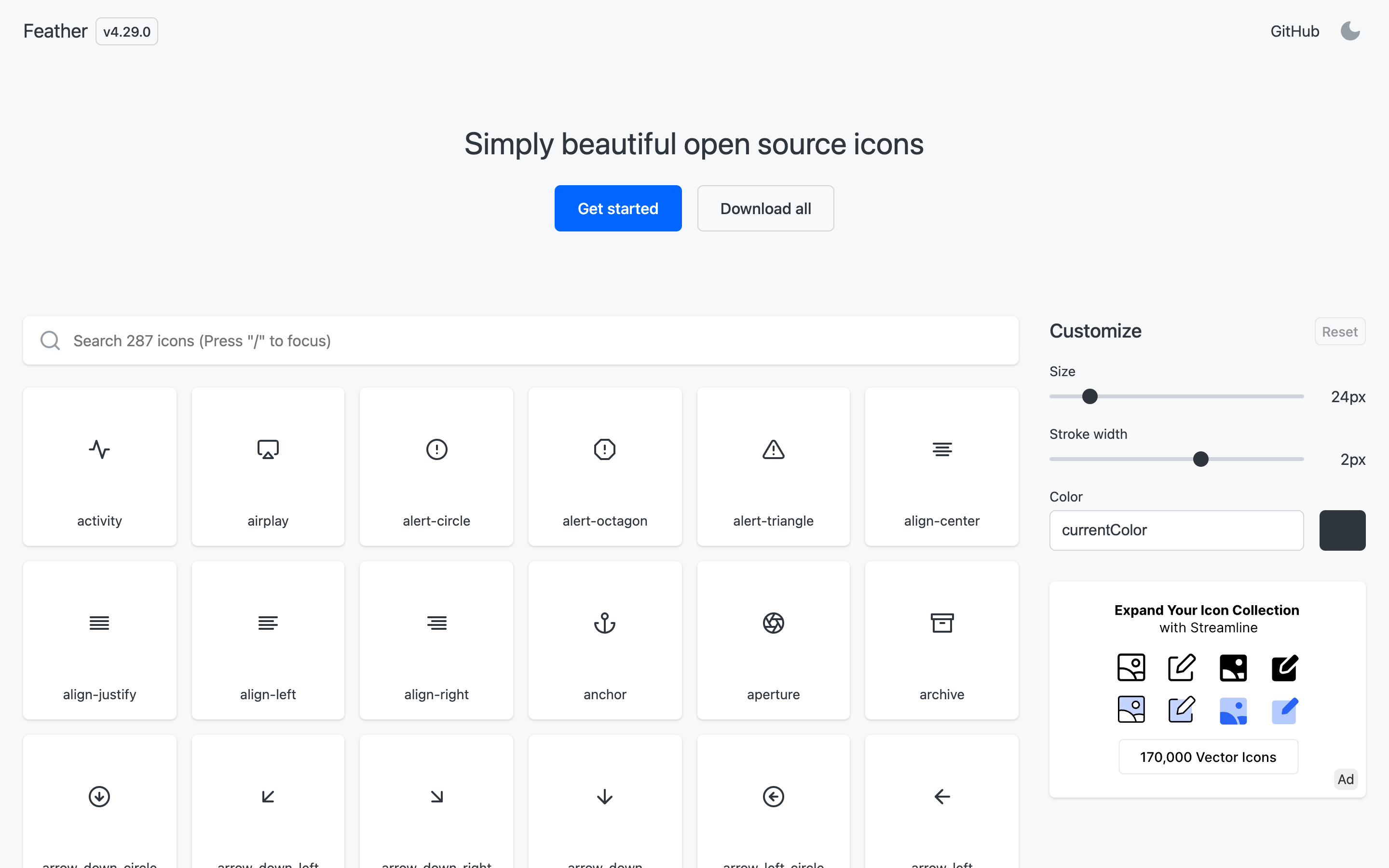 The Feather Icons homepage showing its minimal line icon set
