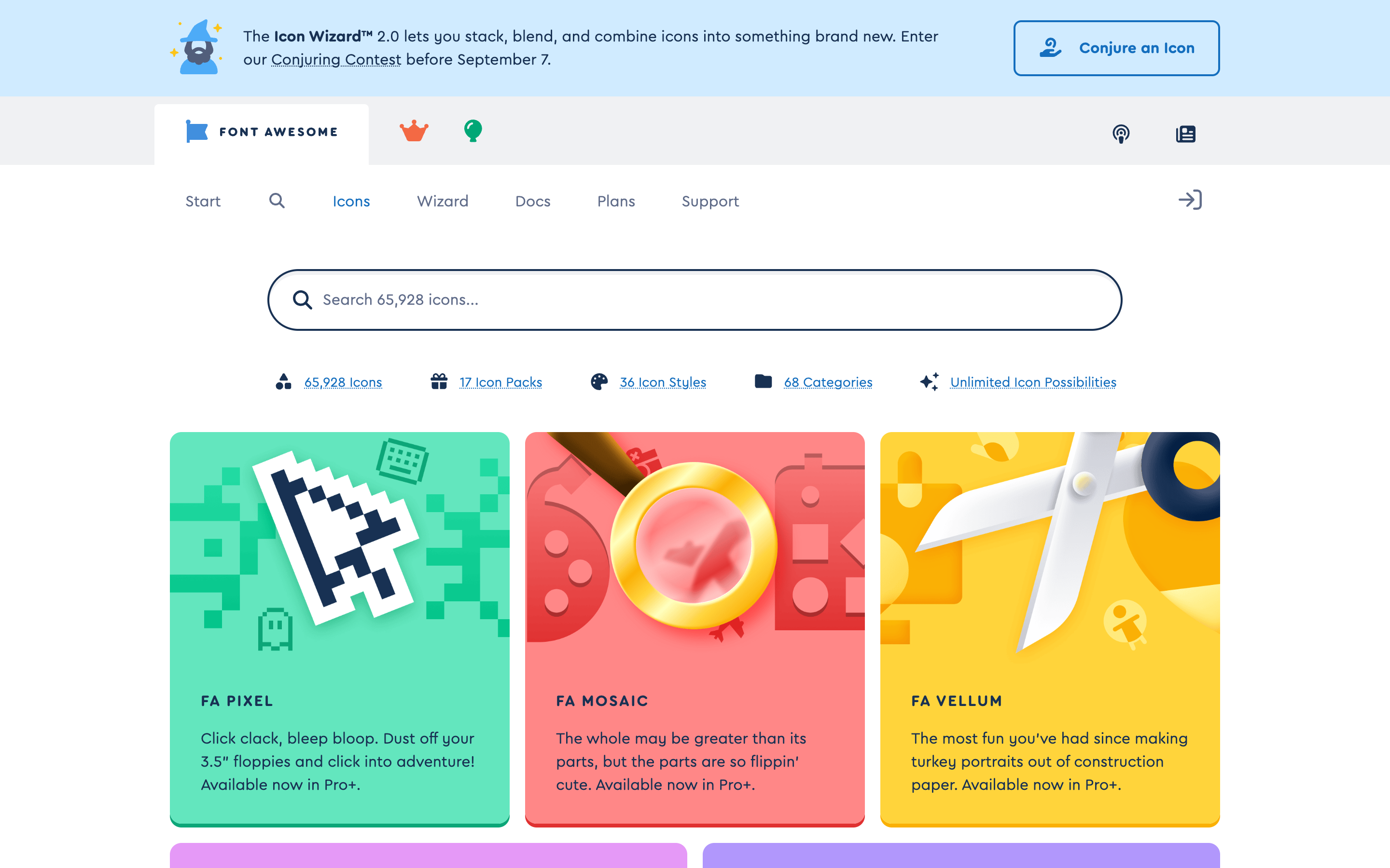 The Font Awesome icons page showing its search and icon packs