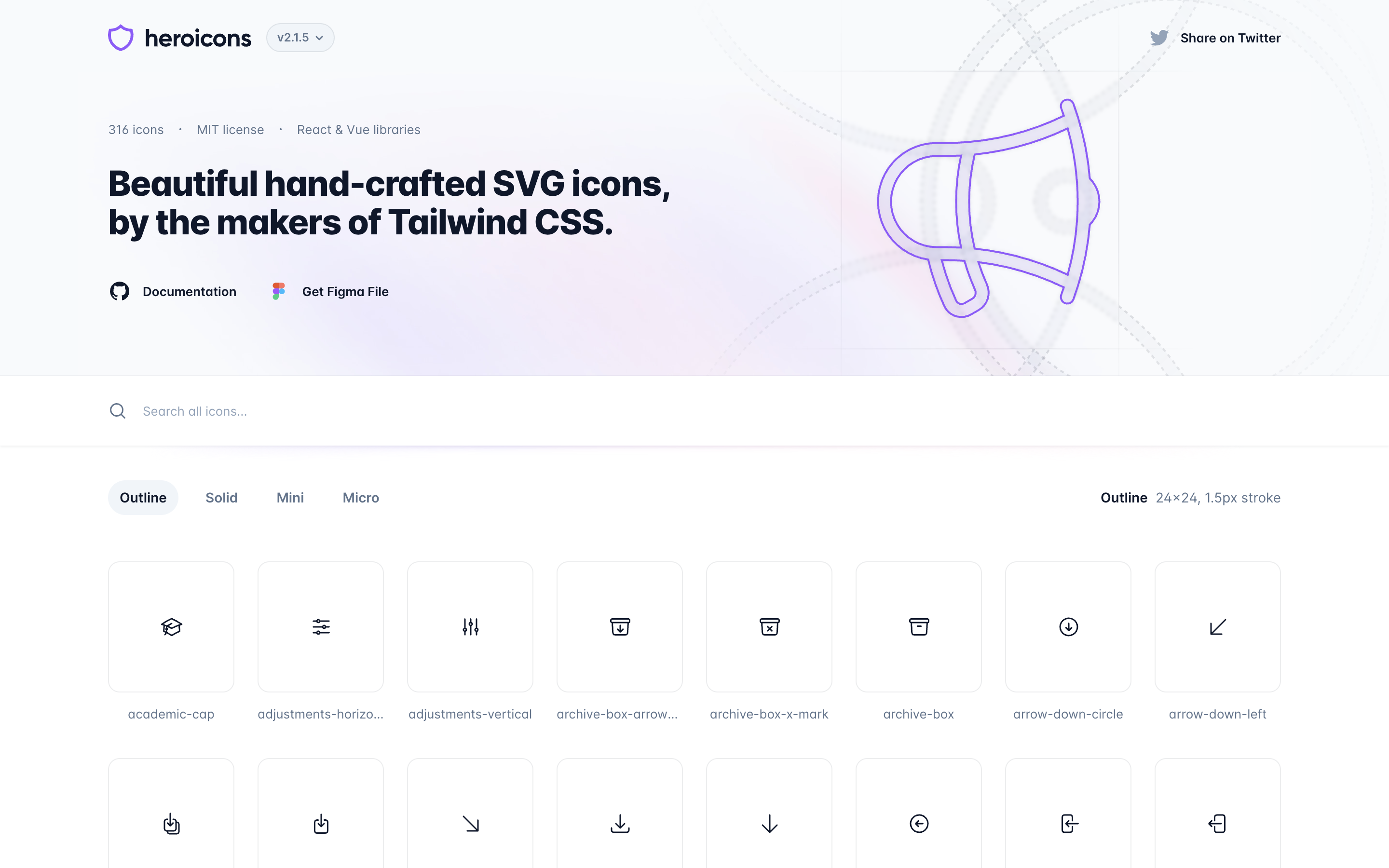 The Heroicons homepage showing outline and solid icon variants