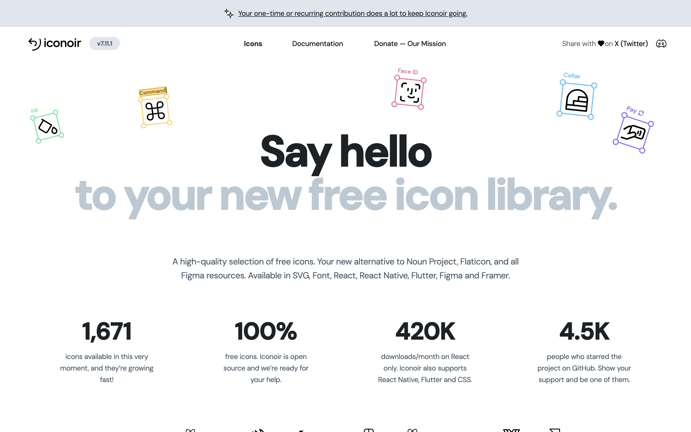 The Iconoir homepage showing its free hand-crafted icon set