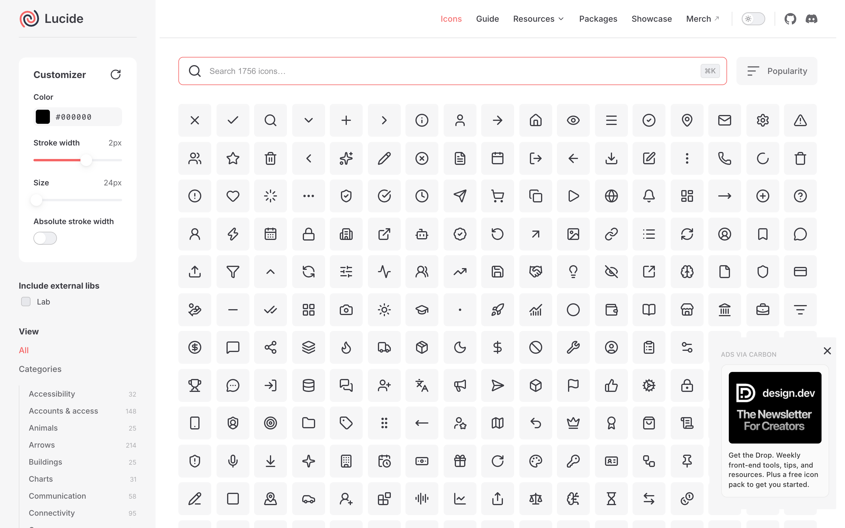 The Lucide homepage showing its clean open-source icon library