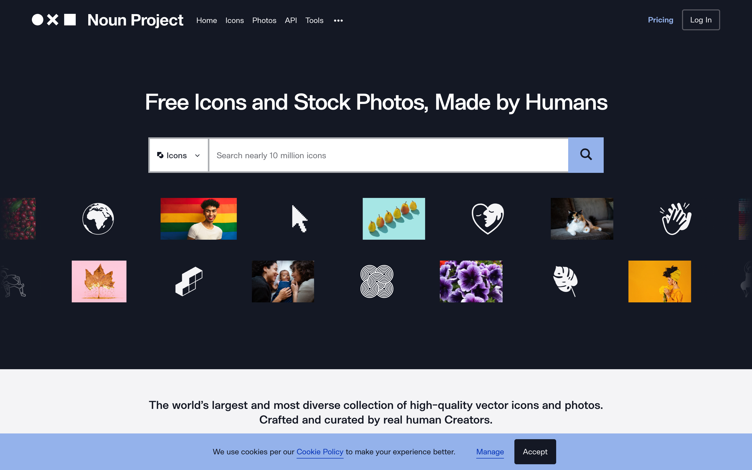 The Noun Project homepage with its search over millions of icons