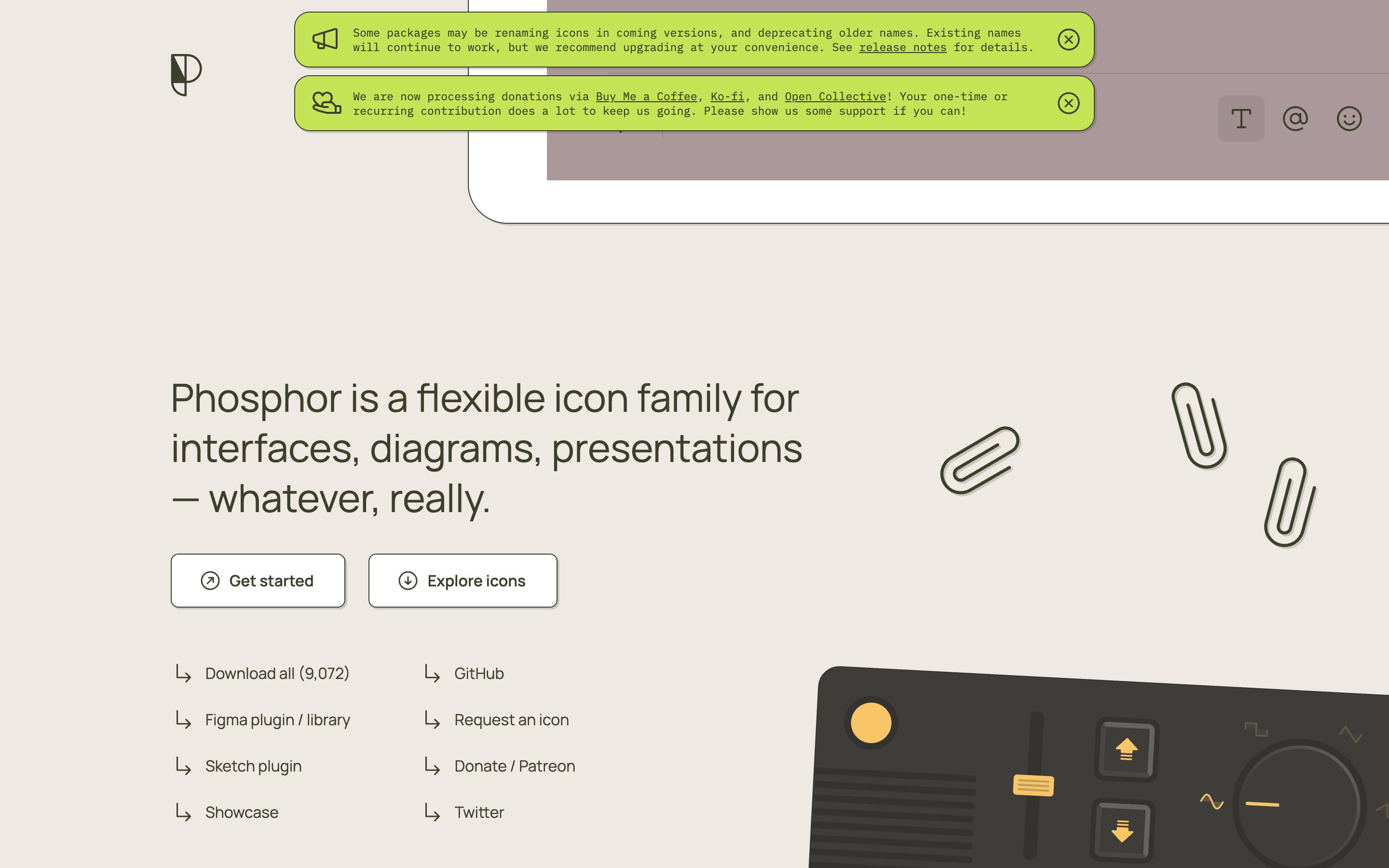 The Phosphor Icons homepage showing icons in multiple weights