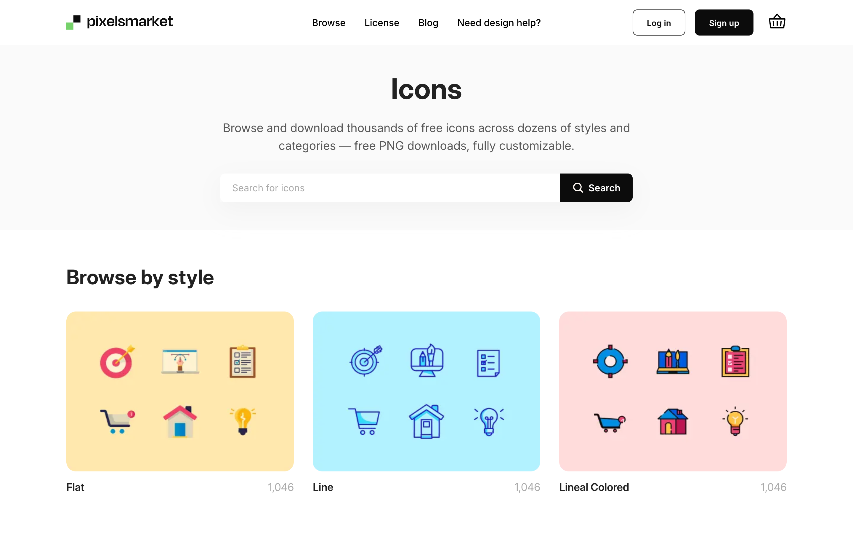 The Pixels Market icons page showing free icons in flat, line and lineal-colored styles