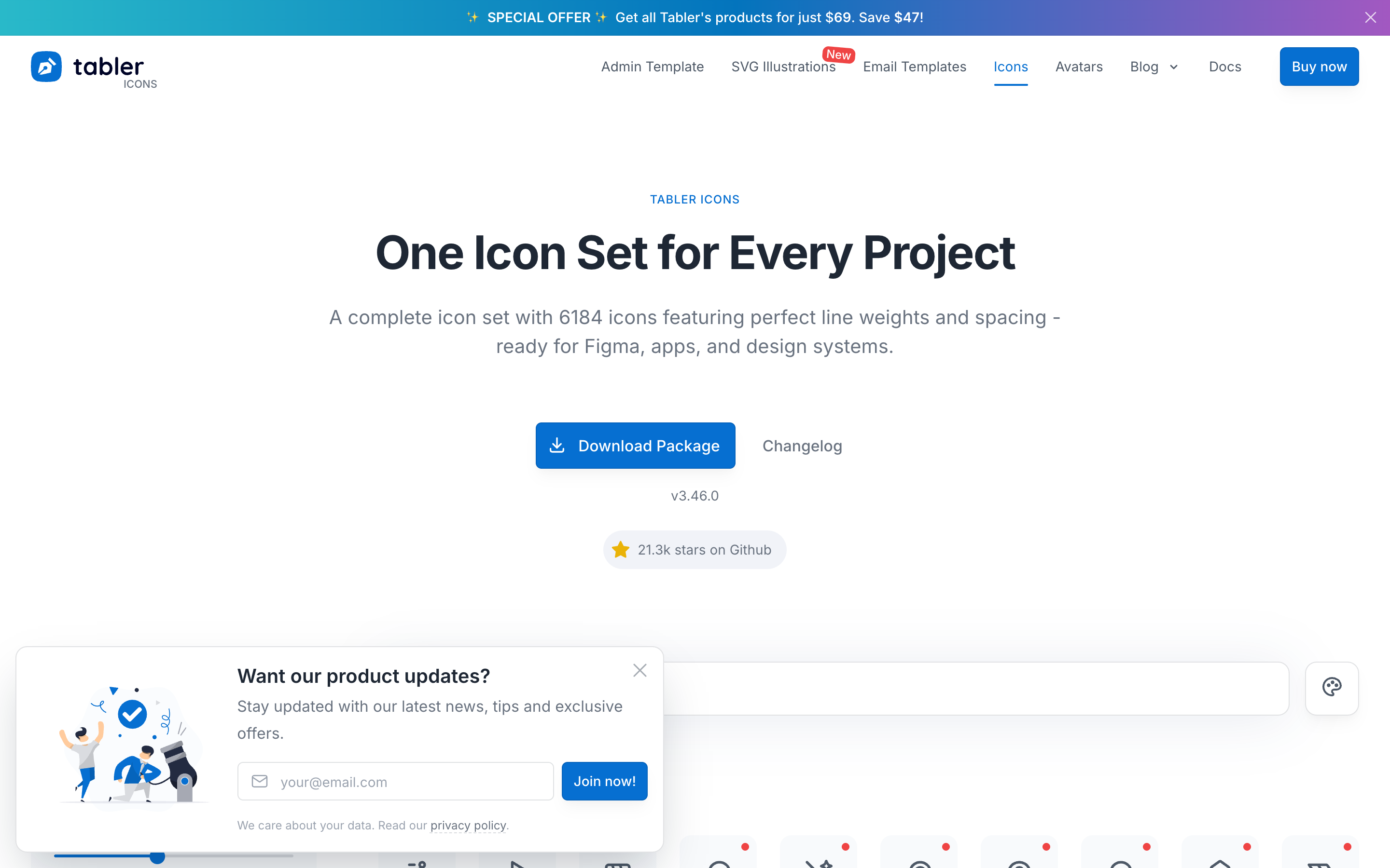 The Tabler Icons homepage showing its large free line icon set