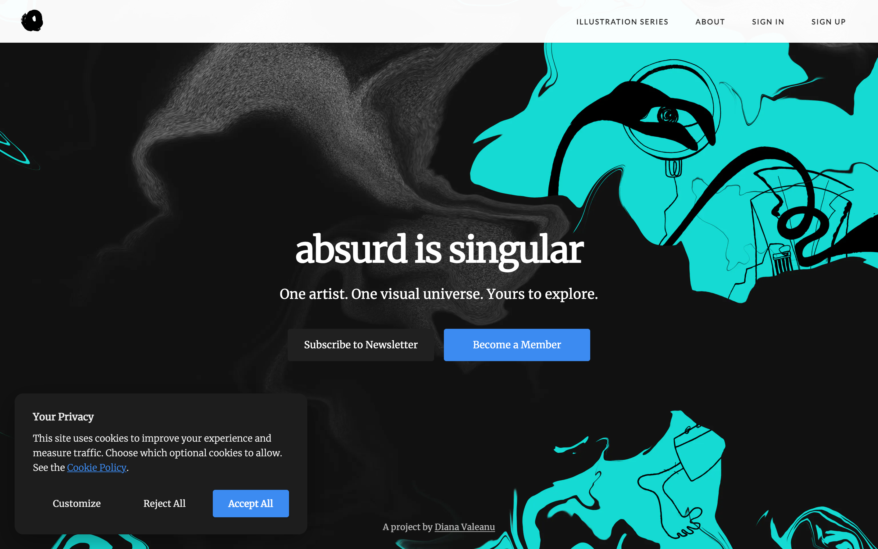The Absurd Design homepage with its surreal black and teal illustrations