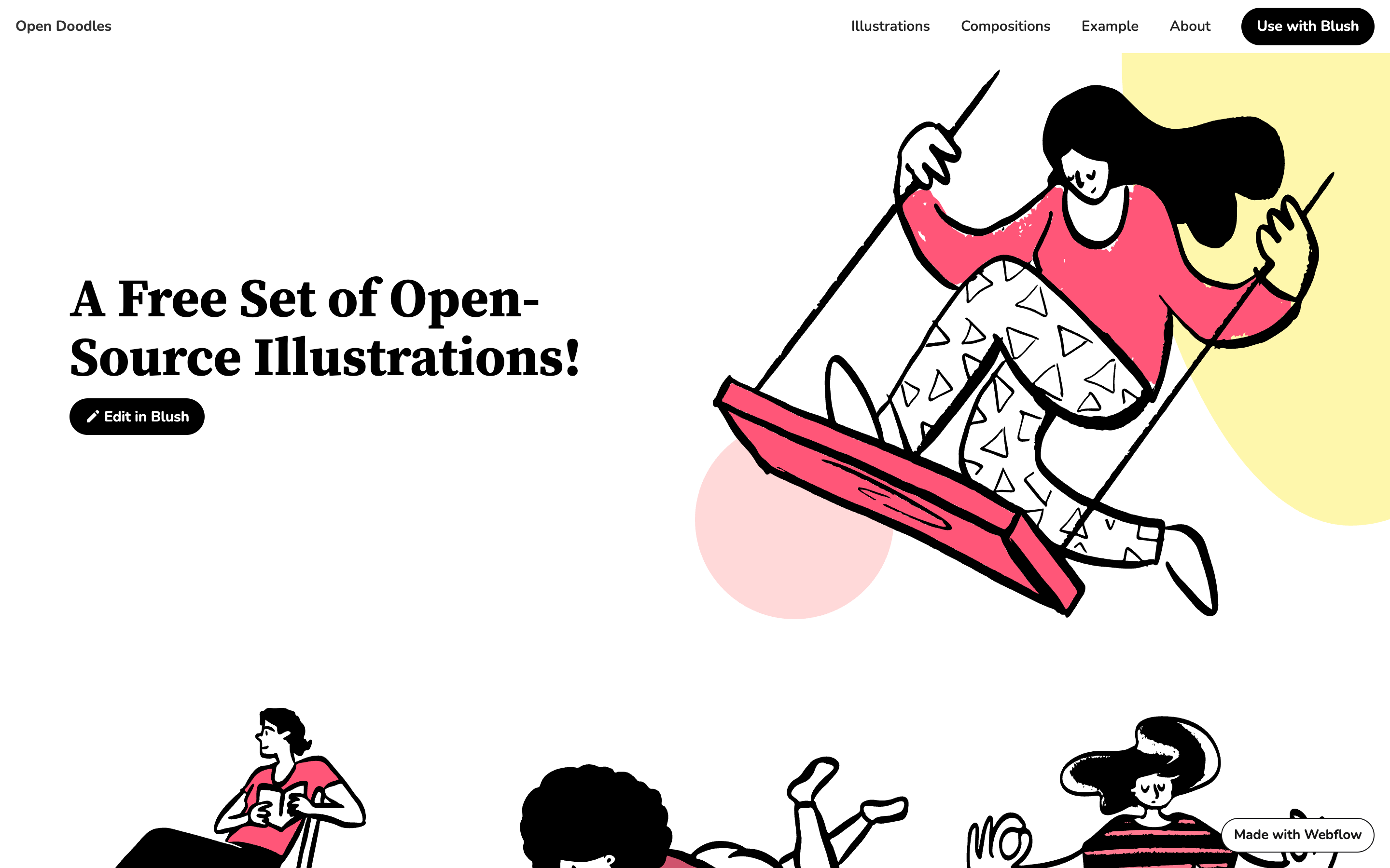 The Open Doodles homepage showing free hand-drawn doodle illustrations