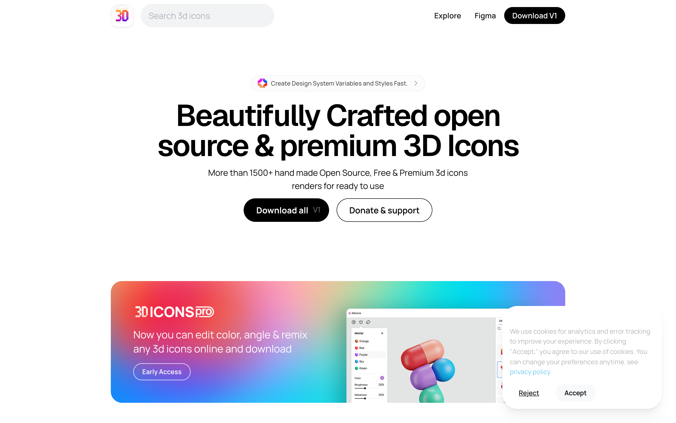 3dicons homepage showing its open-source 3D icon library