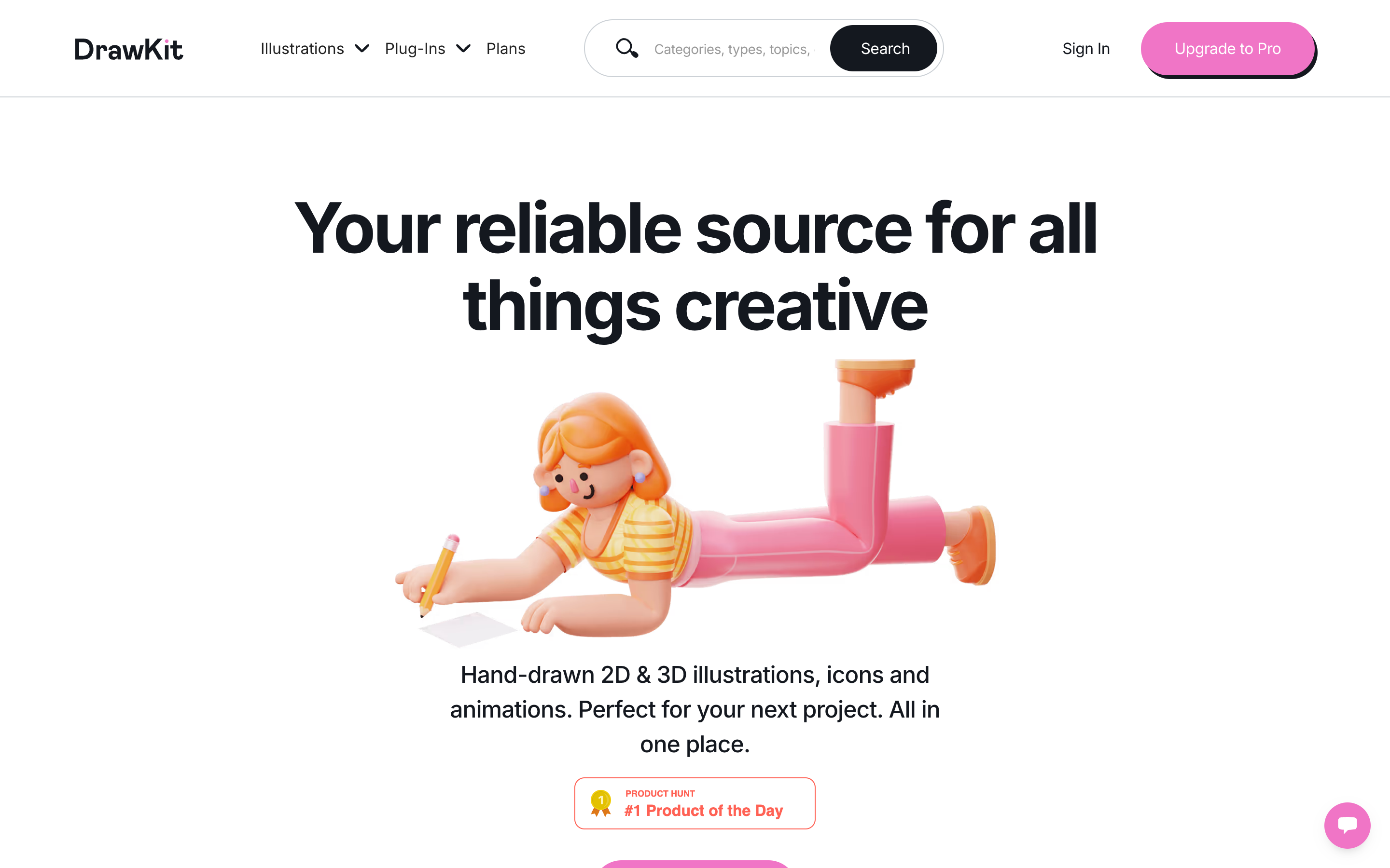 DrawKit homepage showing 2D and 3D illustration packs