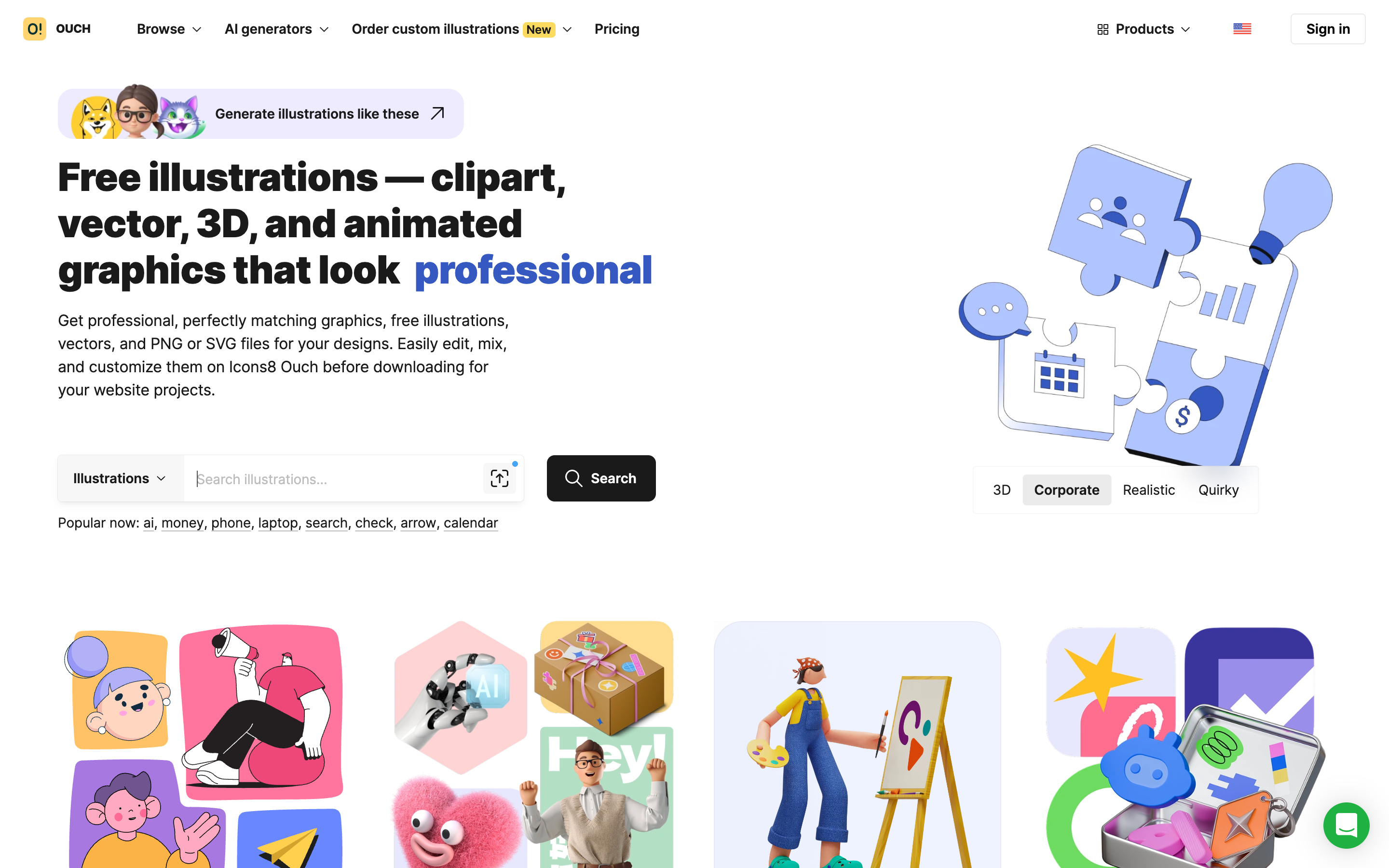 Icons8 Ouch free illustrations gallery showing multiple styles