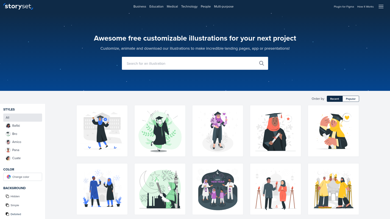 Storyset homepage showing the five illustration styles and online editor