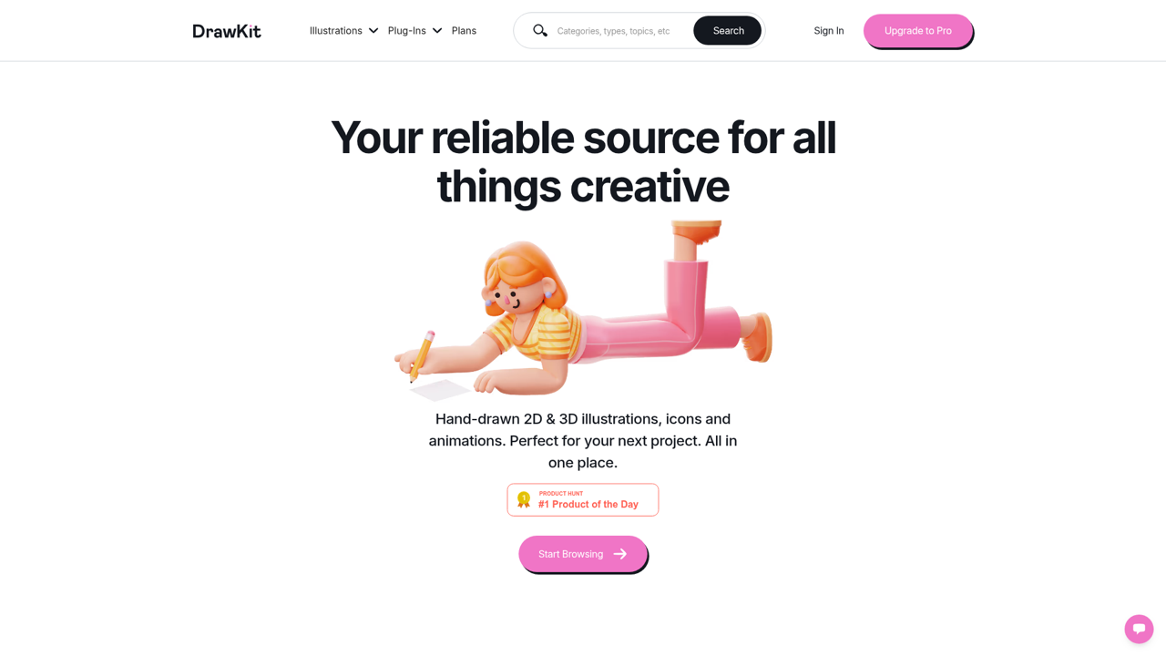 DrawKit homepage showing 2D and 3D illustration packs
