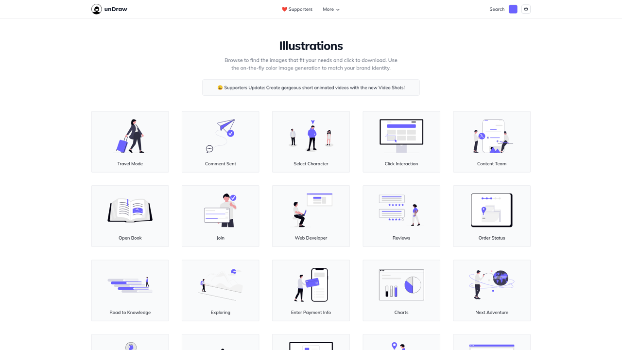 unDraw illustrations browse page with the accent color picker