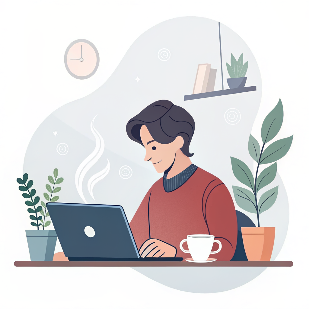 Semi-flat (flat 2.0) illustration of a person working at a laptop, with soft shadows