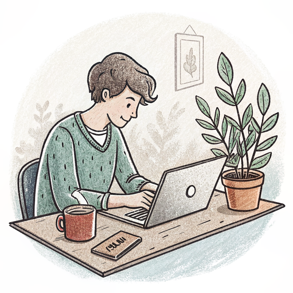 Hand-drawn illustration of a person working at a laptop