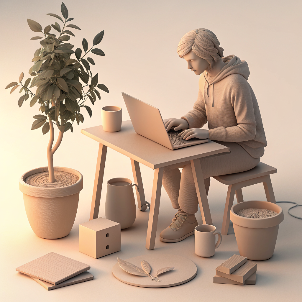 3D-style illustration of a person working at a desk